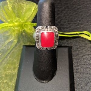 Sterling and Red Lapis Statement Ring, Size 6